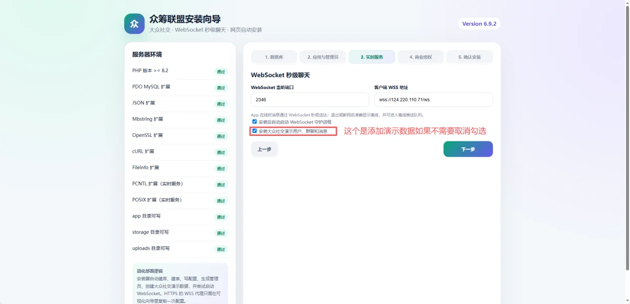 安装向导 WebSocket 配置